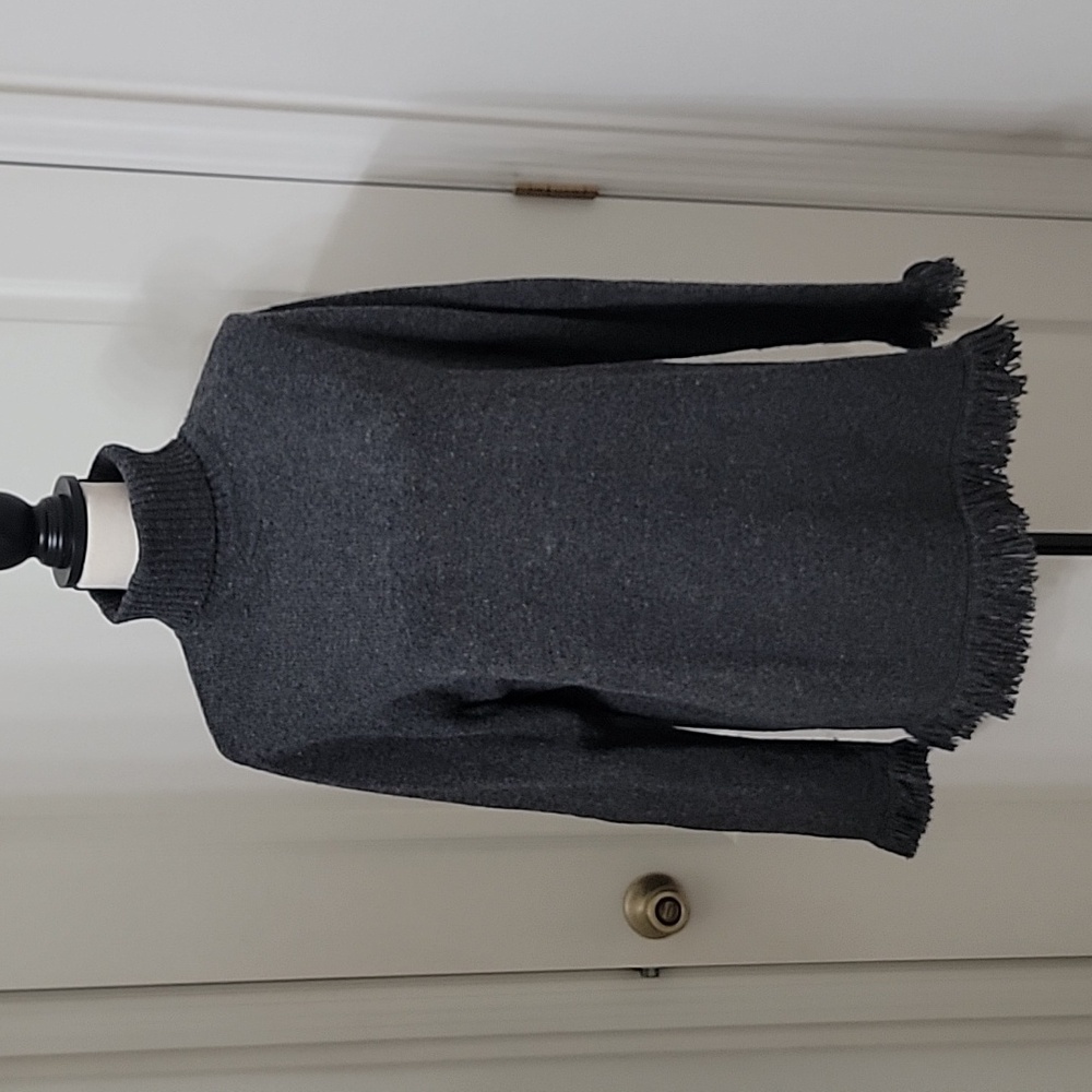 Rafaella Size L Dark Gray Turtle Neck Sweater with Frayed / Fringed Hem